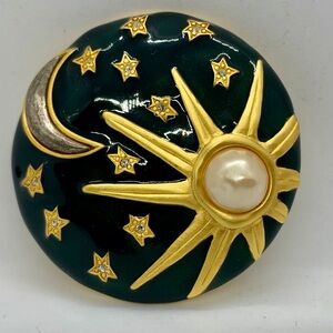 Vintage Karl Lagerfield for Chanel Sun Moon Stars Emerald Enamel Brooch